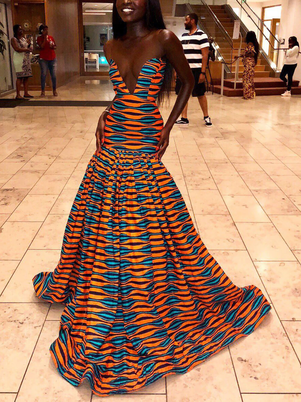Sexy Bohemian Peacock Print Off-Shoulder Maxi Dress Orange