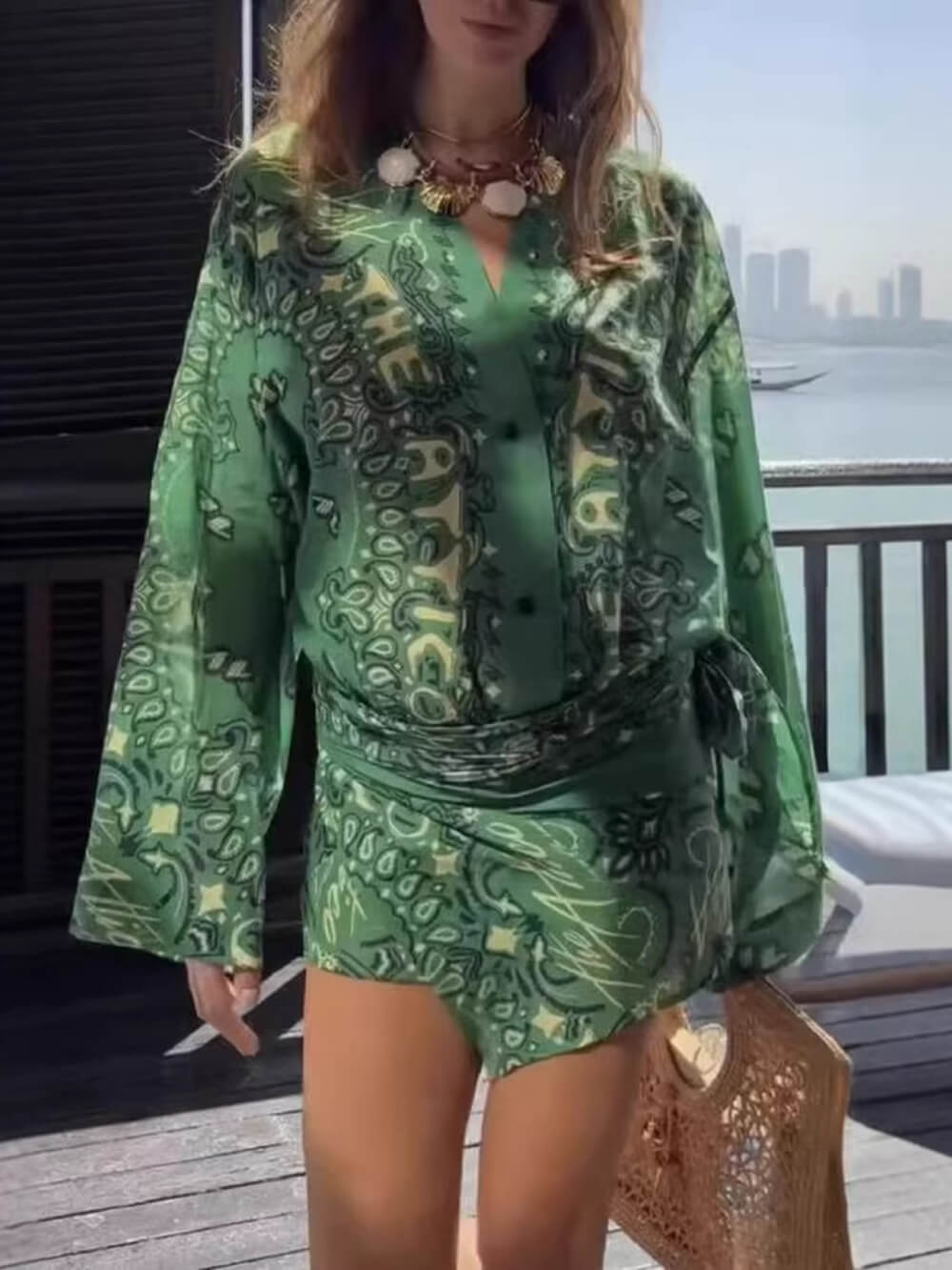 Vacation Print V-Neck Flare Sleeve Asymmetric Hem Mini Dress Green