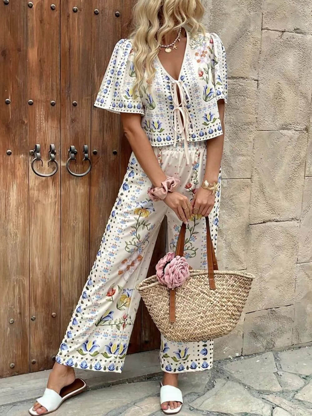 Unique Floral Print Tie-Front Top High-Waist Straight-Leg Pants Set Multicolor