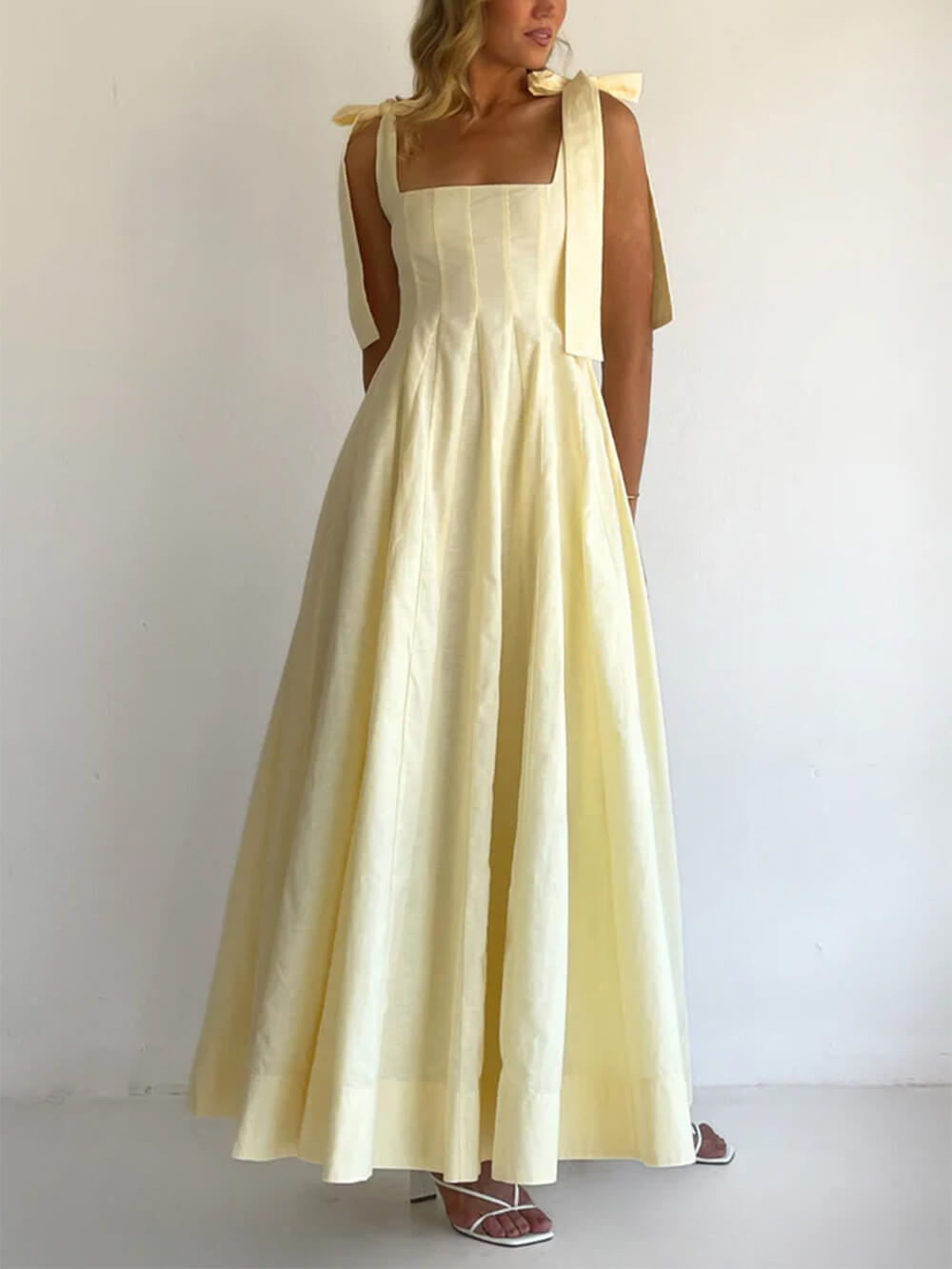 Classic Casual Patchwork Tie-Waist A-line Maxi Dress Yellow
