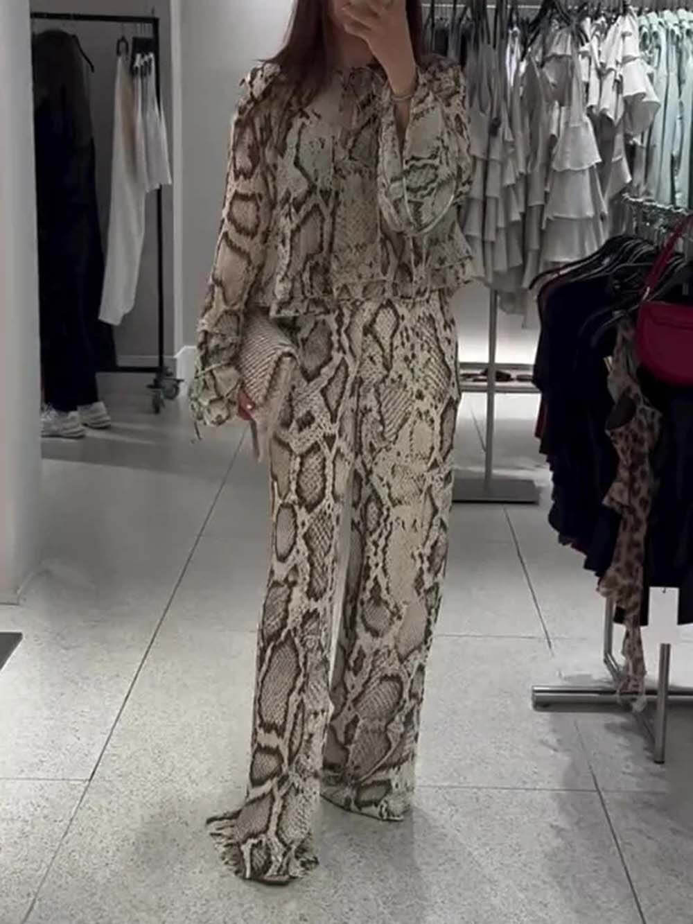 Unique Snake Print Wide-Leg Pants
