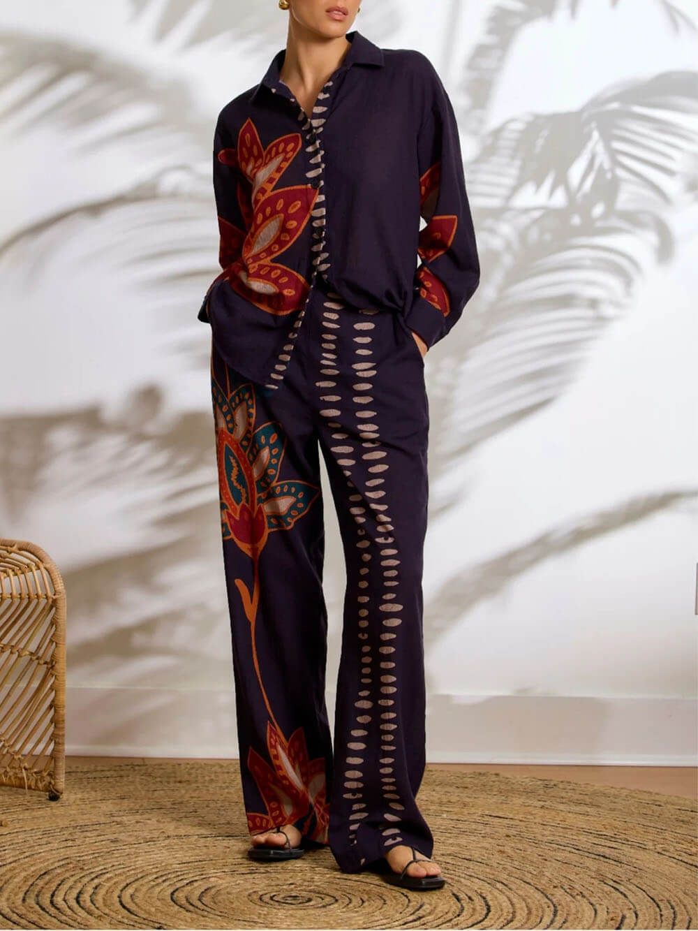 Exquisite Floral Print Linen Elastic Waist Loose Pocket Trousers