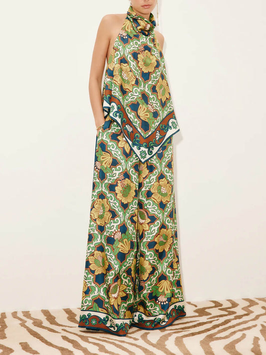 Modern Satin Print Elastic-Waist Pocket Wide-Leg Pants
