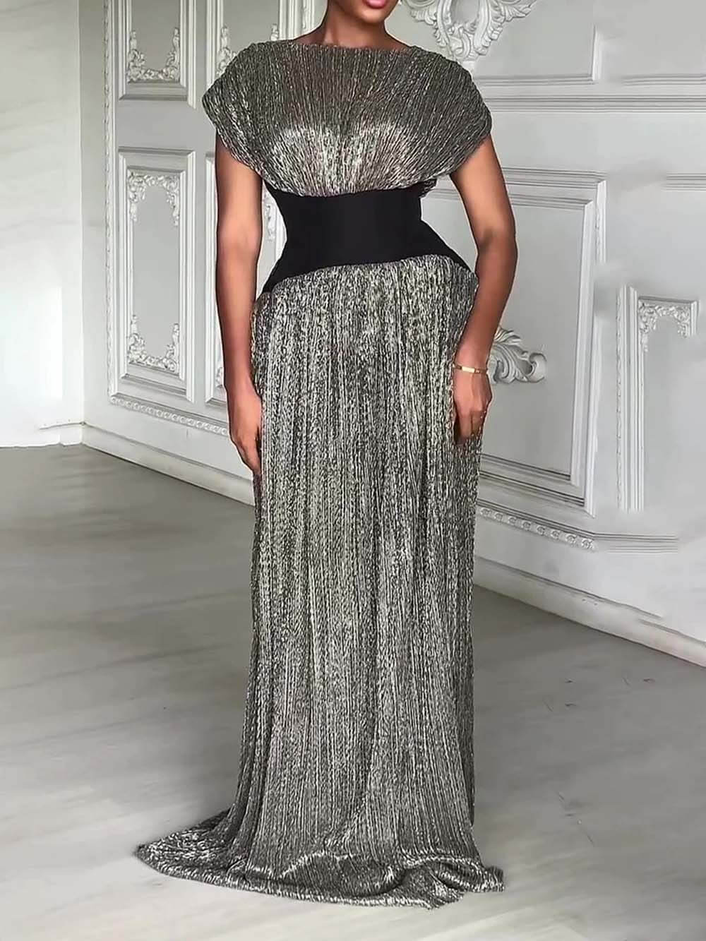 Elegant Shimmery Silver Contrast Waist Maxi Dress Silver