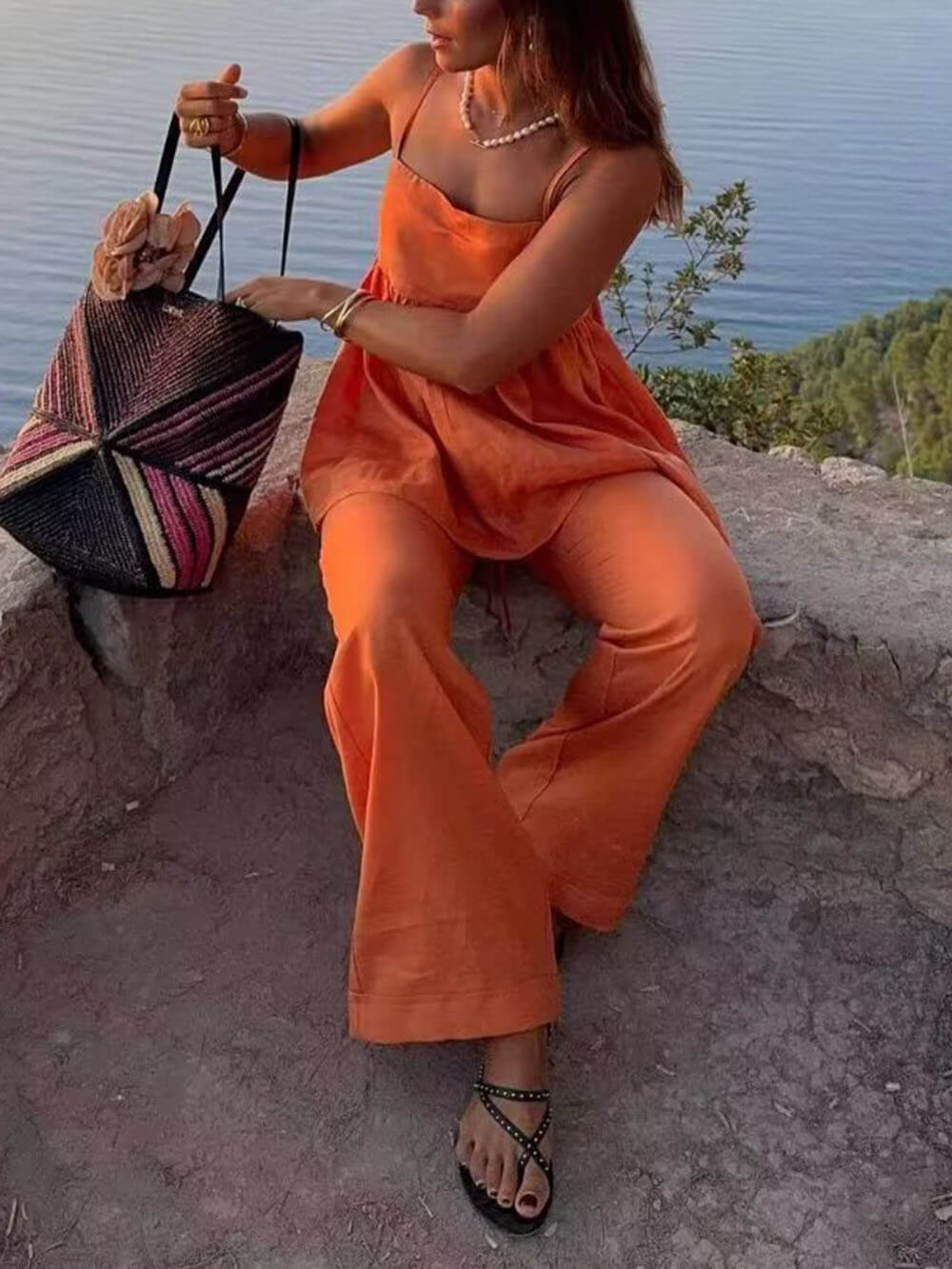 Classic Solid Color Casual Suspender Loose Top and Elastic Waist Wide Leg Pants Set Orange