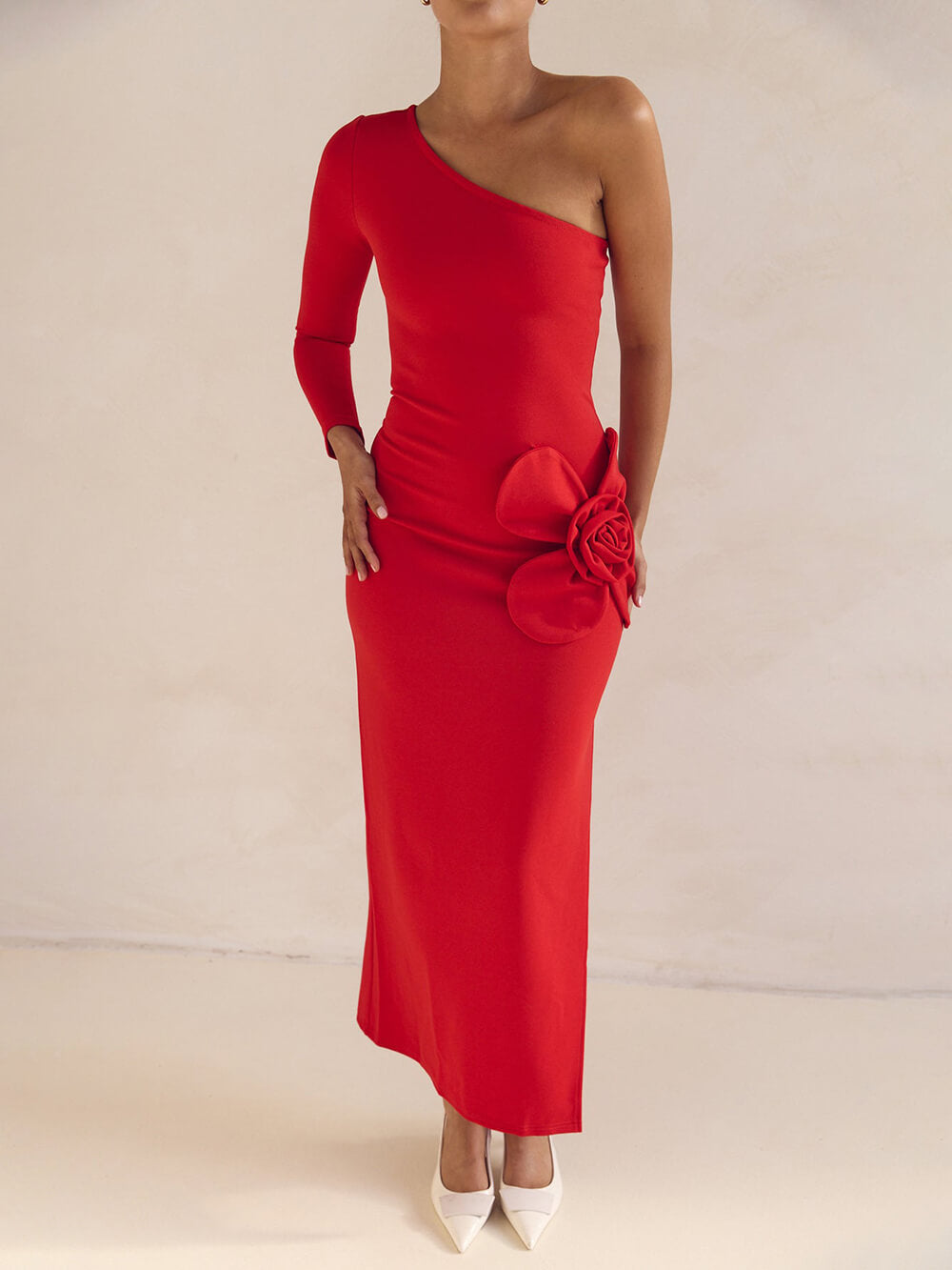 Exquisite One-Shoulder Neckline Flower Decoration Side Slit Prom Maxi Dress Red