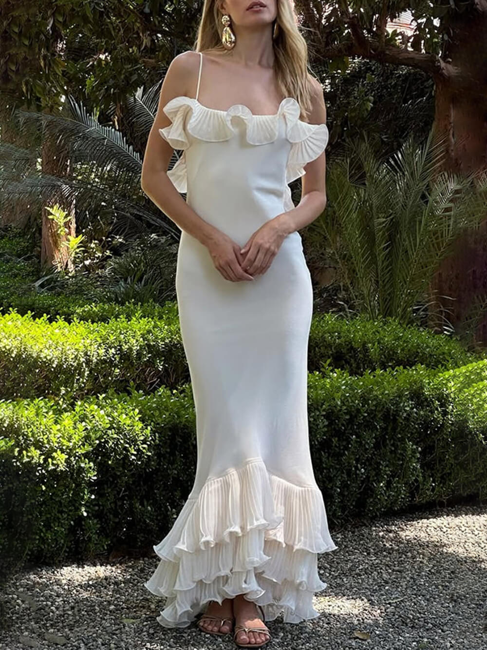 Elegant Pleated Chiffon Ruffle Trim Spaghetti Strap Maxi Dress White