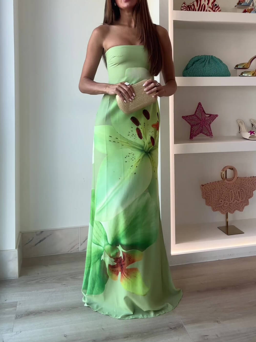Elegant Satin Unique Floral Print Off Shoulder Maxi Dress Green