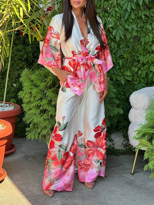 Delicate Floral Print High-Waist Pocket Satin Wide-Leg Pants