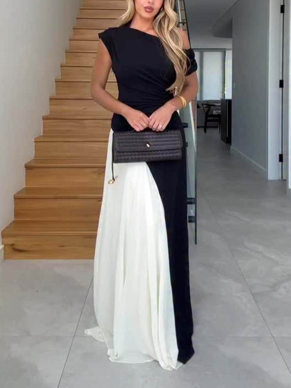 Elegant Asymmetric Off-Shoulder Pleated Maxi Dress Black
