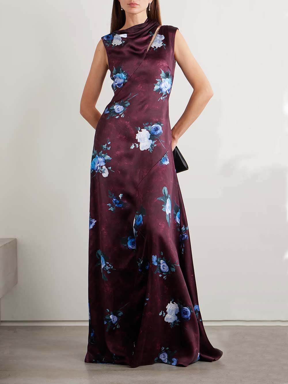 Asymmetrical Floral-Print Satin Maxi Dress Burgundy