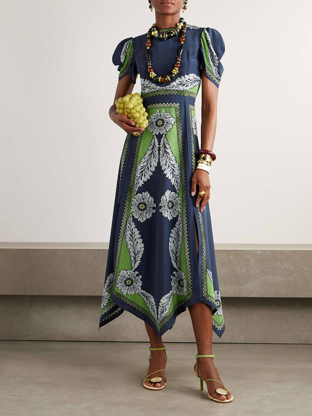 Exquisite Printed Satin Midi Dress Navy