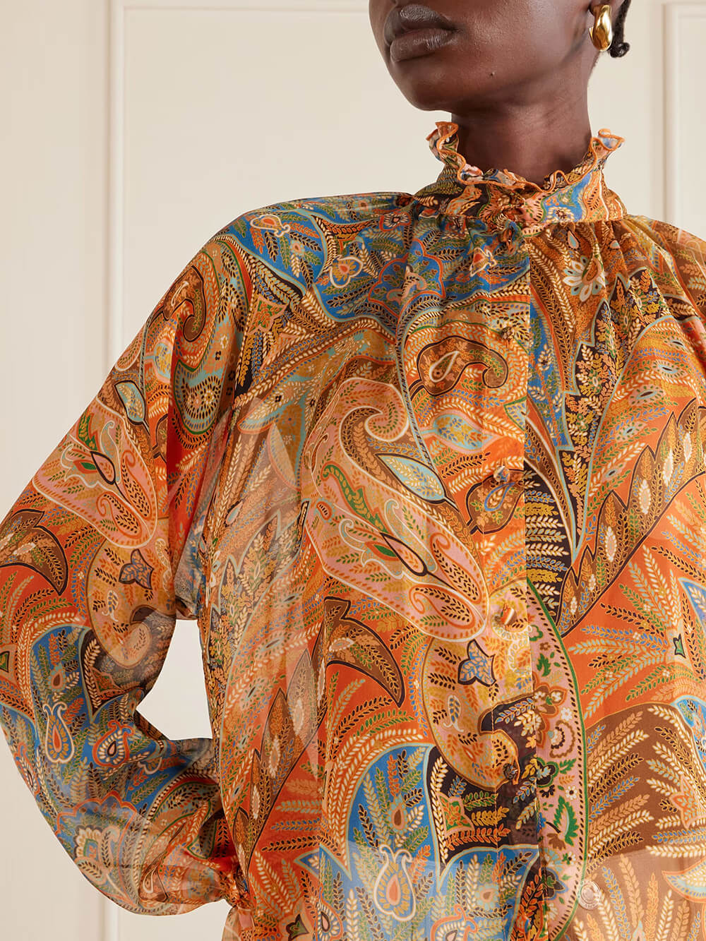 Exquisite Ruffle Trim Paisley Print Chiffon Blouse