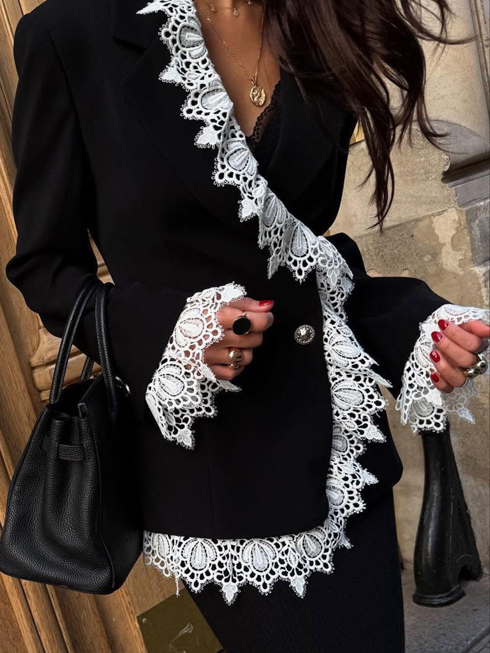 Fashion Asymmetrical Lace-Paneled Blazer Black
