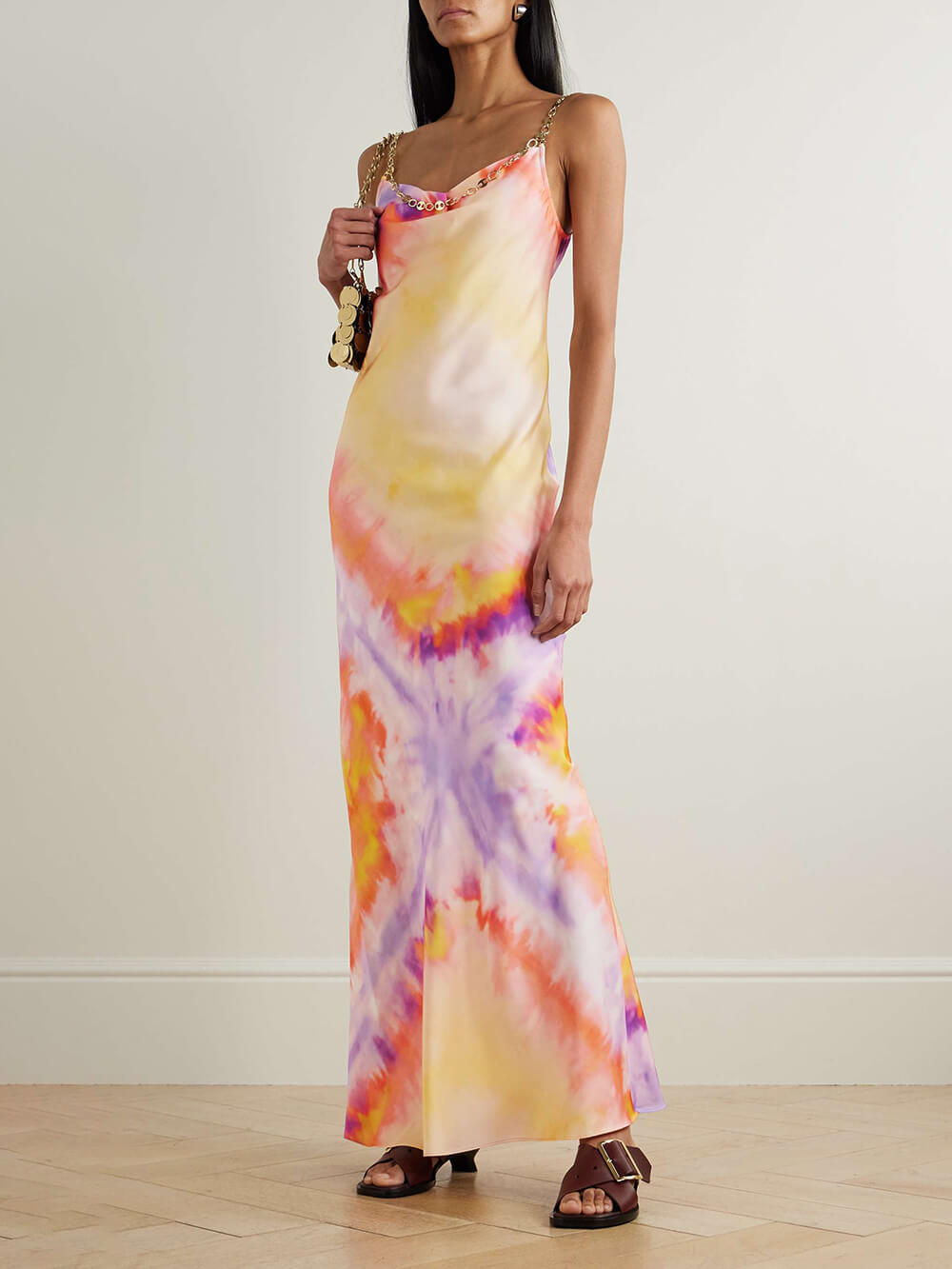 Exquisite Chain-Embellished Tie-Dye Satin Maxi Dress Orange