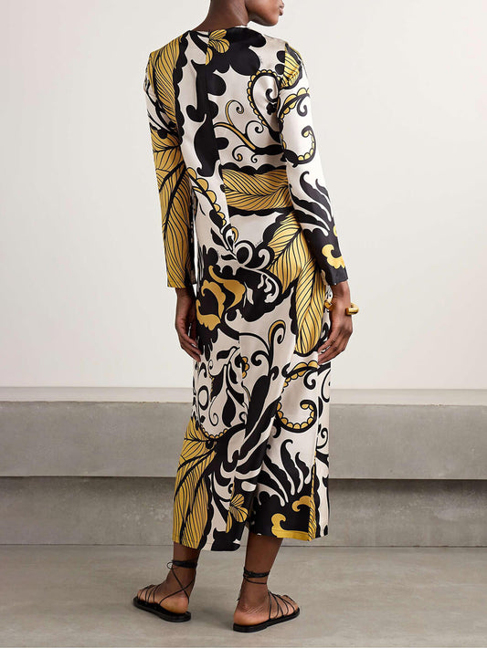 Unique Satin Swing Print Twill Midi Dress