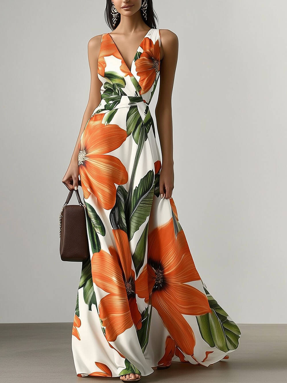 Elegant Floral Print Classic V Neck Sleeveless A-Line Maxi Dress Orange