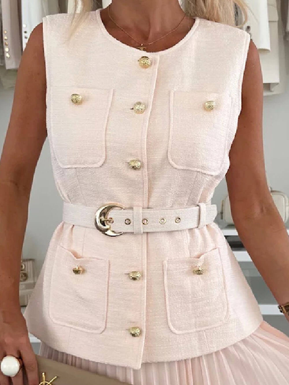 Exquisite And Beautiful Sleeveless Chanel Style Vest Top Pink