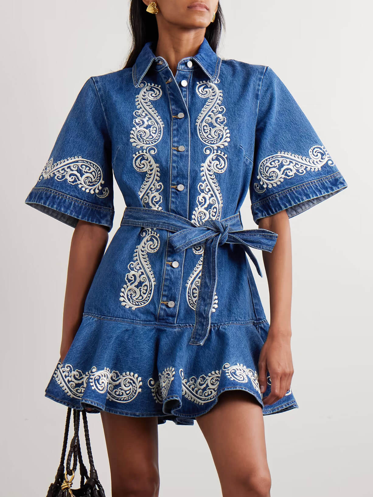 Classic Belted Ruffle Hem Denim Mini Dress Blue