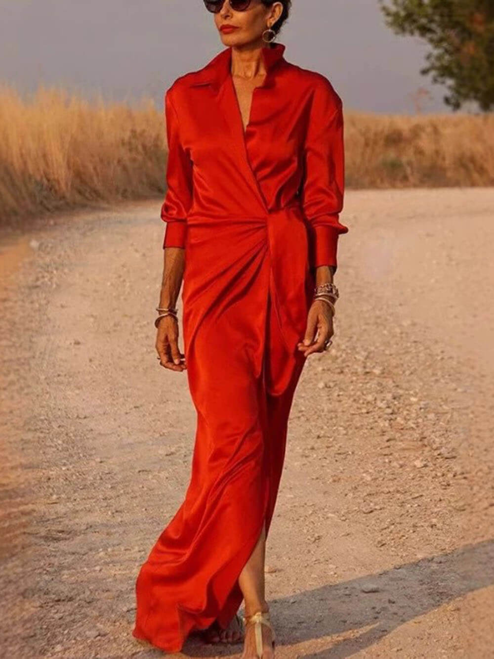 Modern Satin Wrap Shirt-Style Tie-Slit Maxi Dress Red