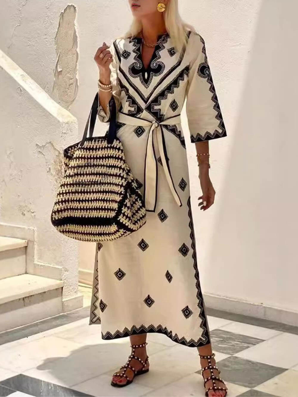 Bohemian Style Unique Print Belted Midi Dress Off-White