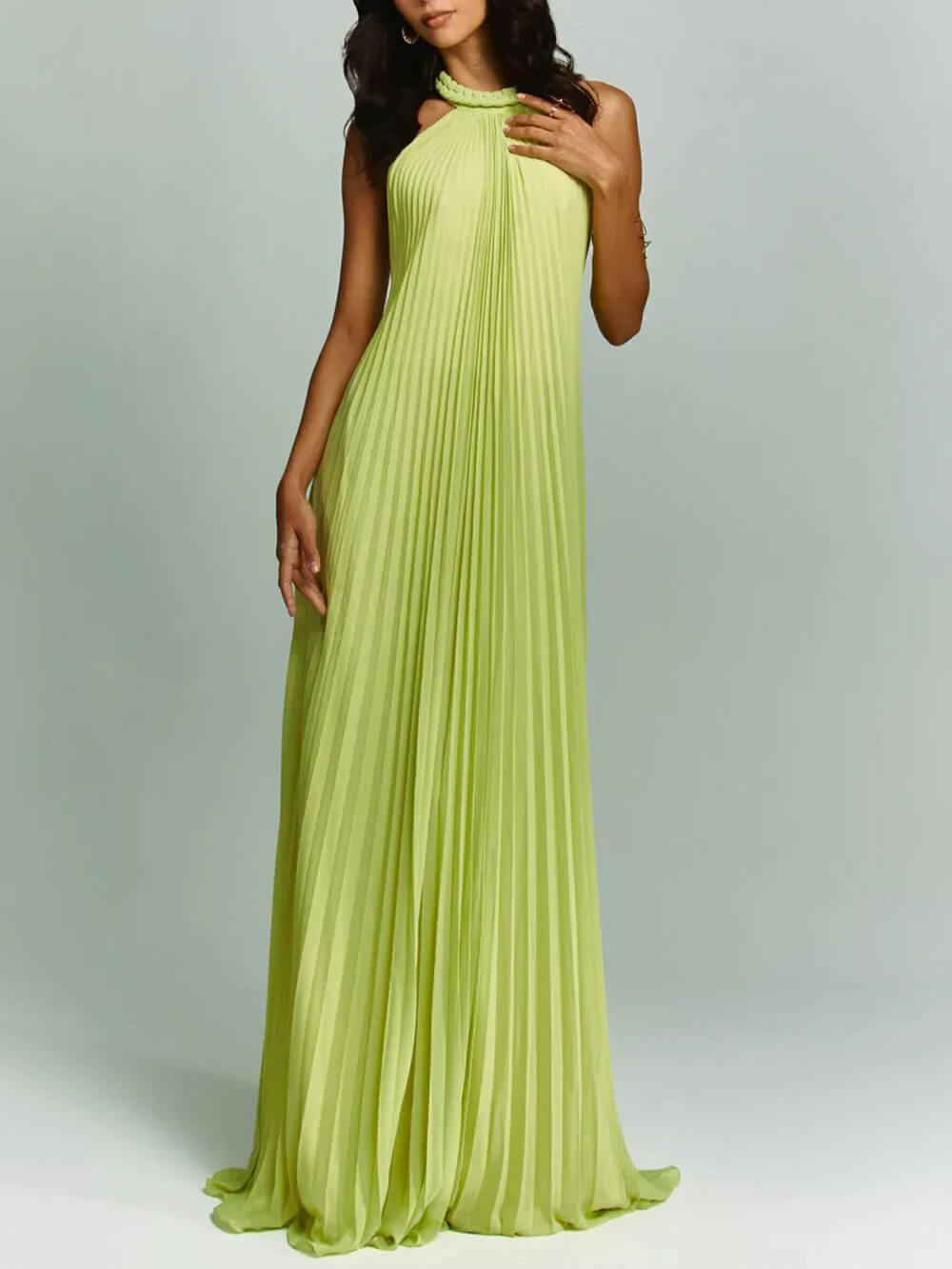 Elegant Ruched Woven Chiffon Halter Backless A-Line Maxi Dress Green