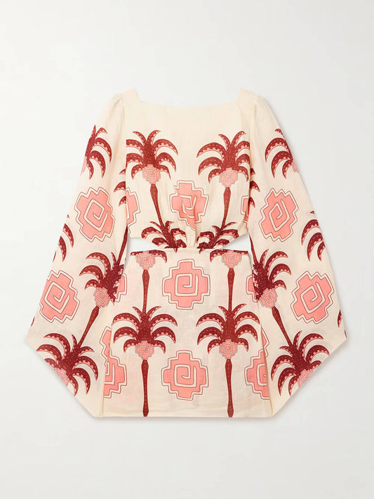 Unique Tropical Edge Palm Tree Print Cutout Linen Mini Dress
