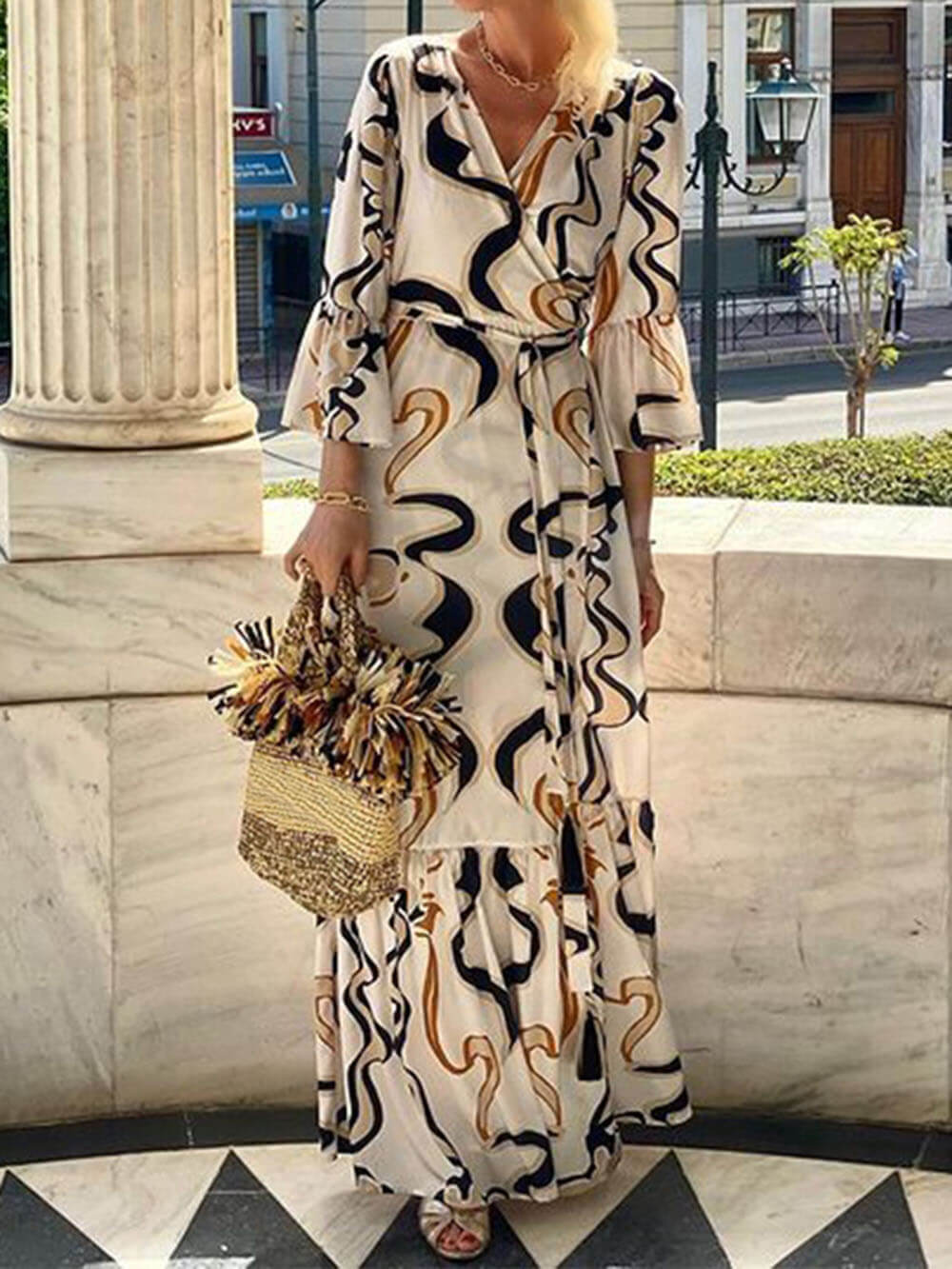 Bohemian Pattern Print Waist Tie Loose Maxi Dress White