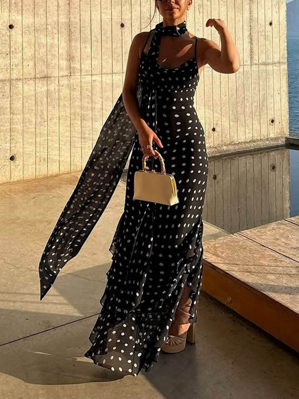 Delicate Polka Dot Print Halter Chiffon Ruffle Trim Maxi Dress Black
