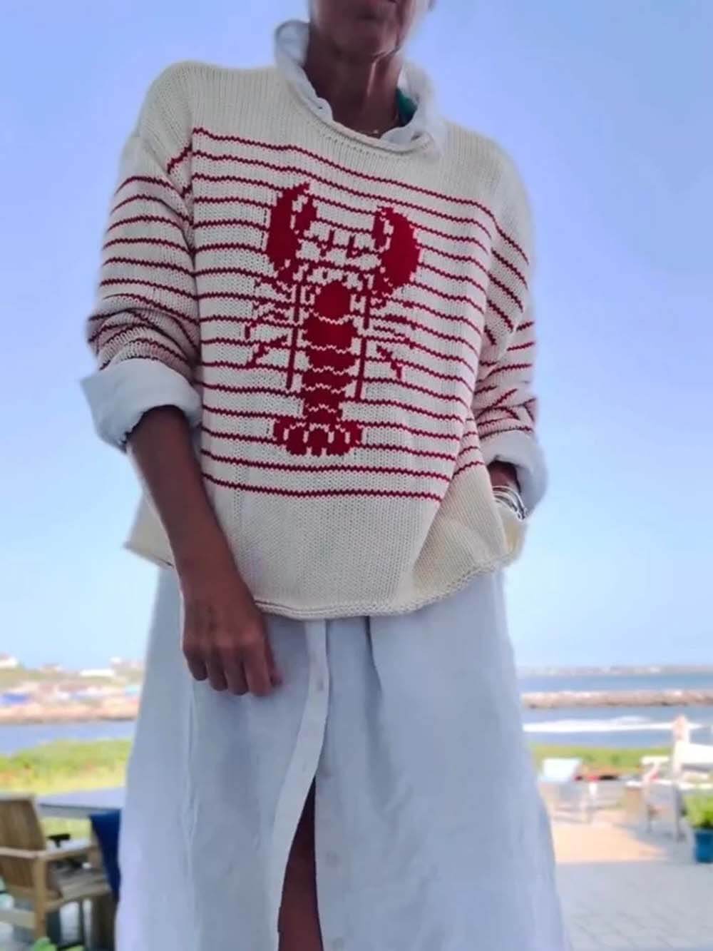 Retro Cream And Red Striped Lobster Sweater Cream