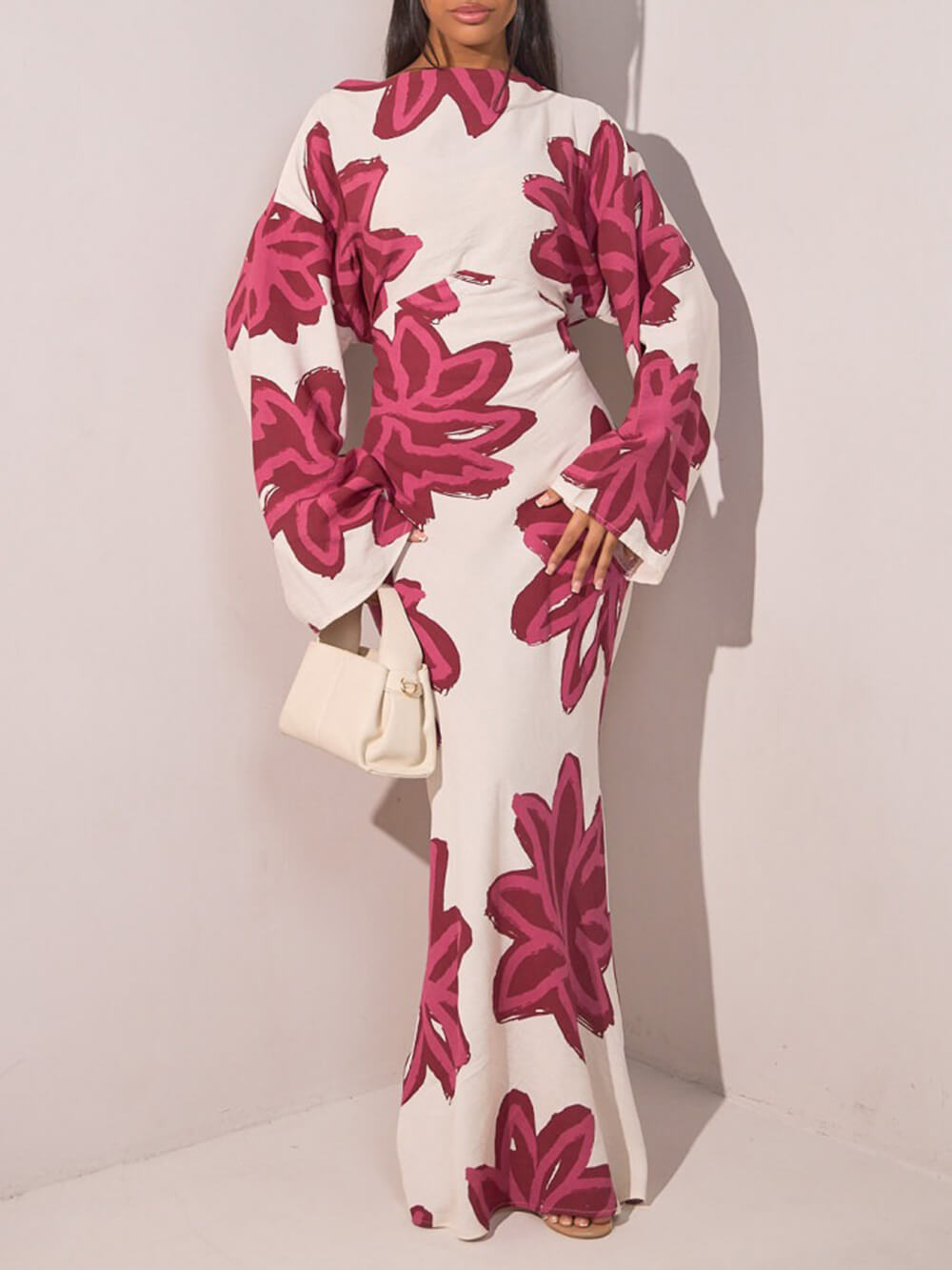 Elegant Floral Print Waist-Defined Maxi Dress Pink
