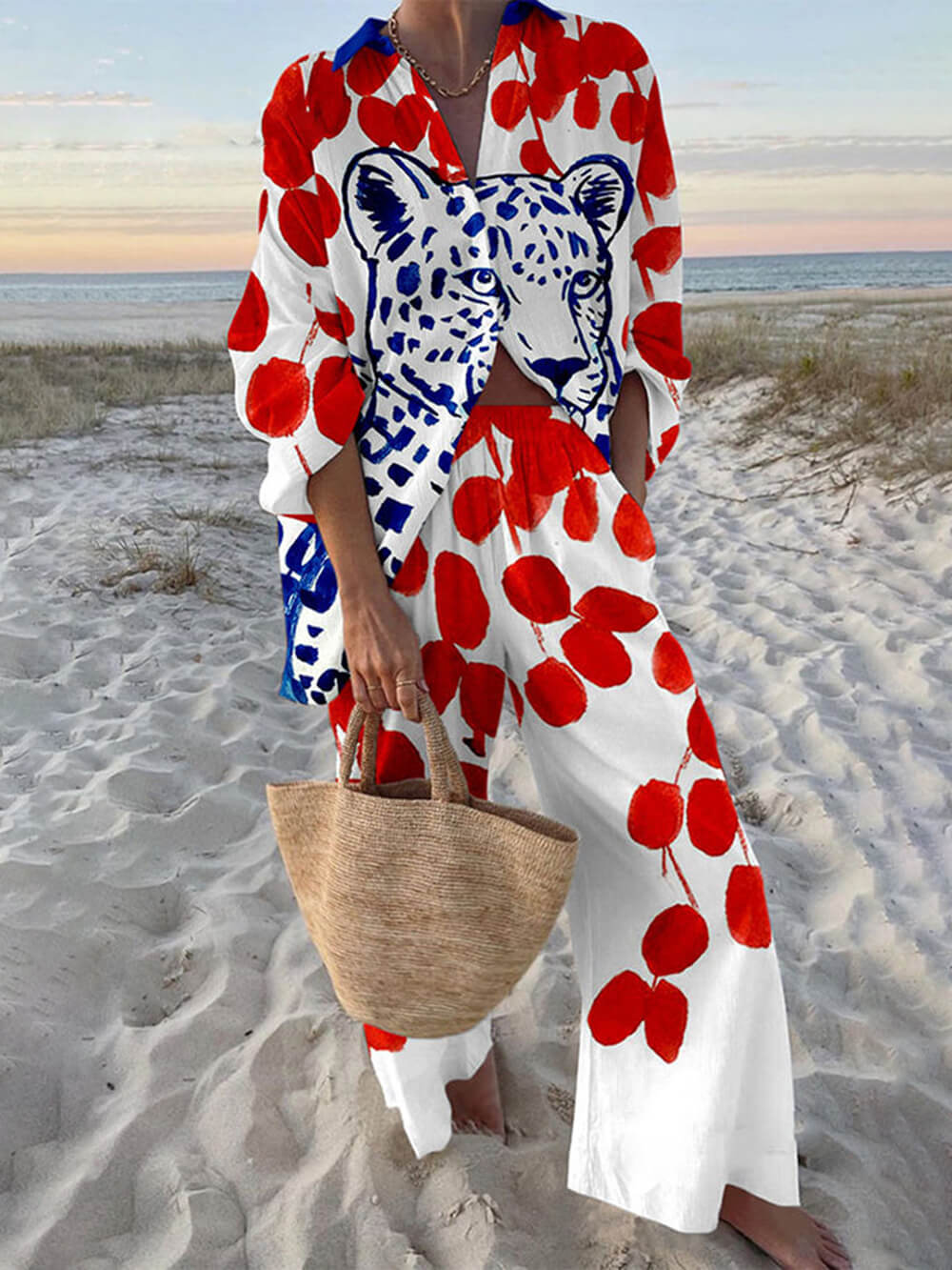 Unique Polka Dot Leopard Print Oversized Shirt and Elastic Waist Pocket Pants Set Multicolor