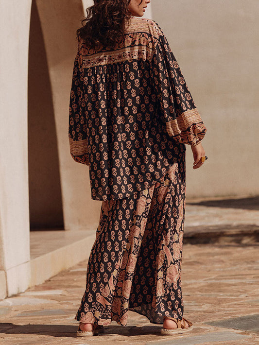 Boho Printed Draped Loose Shirt And High-Waist Maxi Skirt Set
