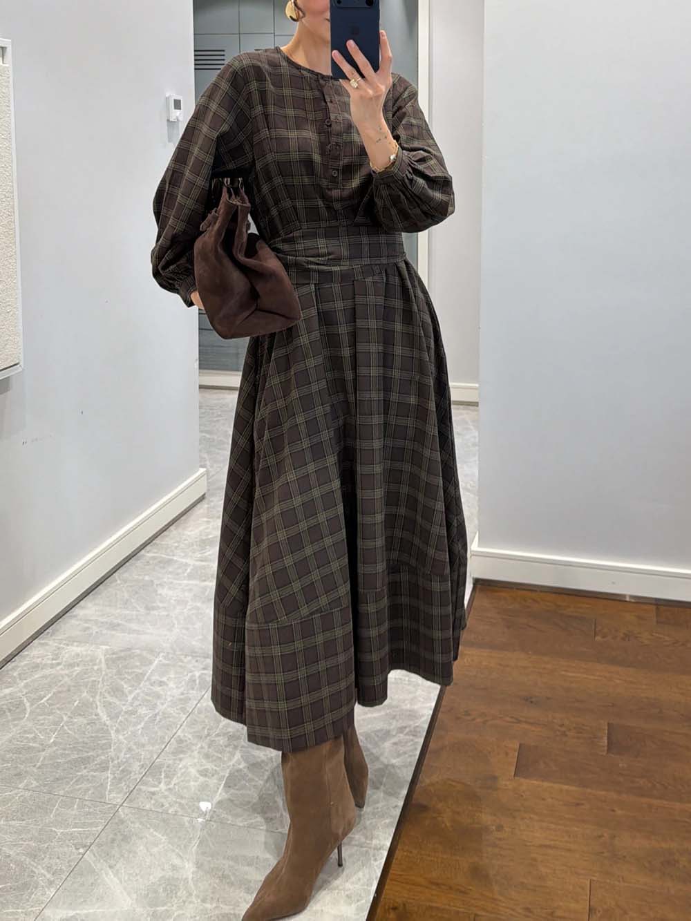 Retro Plaid Print Belted Midi Dress Coffee