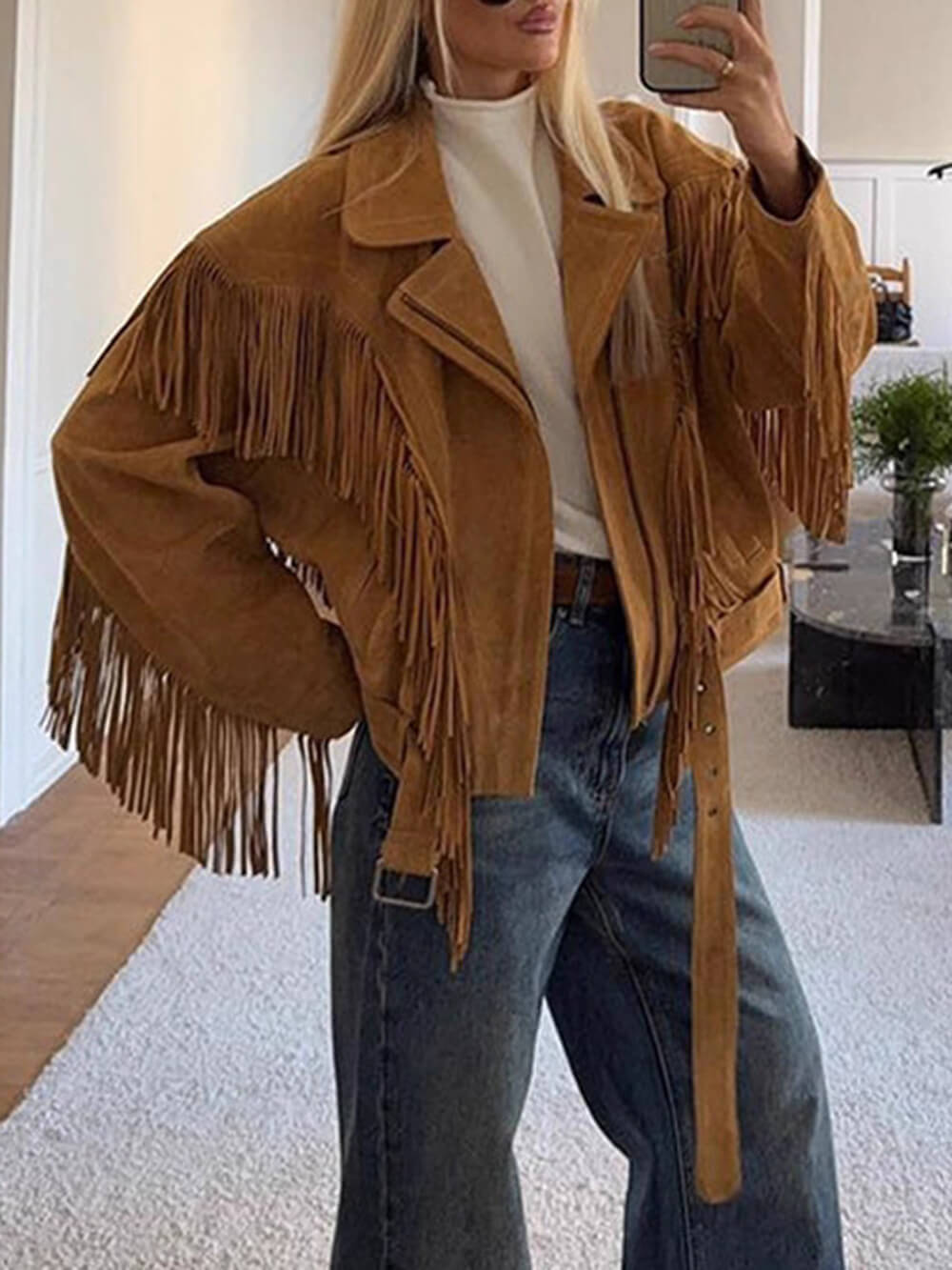 Retro Chic Fringe Suede-Look Wide-Shoulder Jacket Khaki