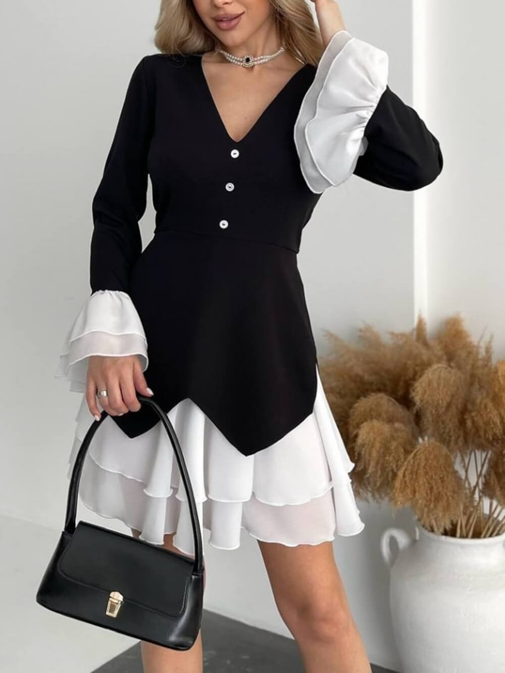 Fashion Colorblock Color Panel Long Sleeve Ruffled Mini Dress Black