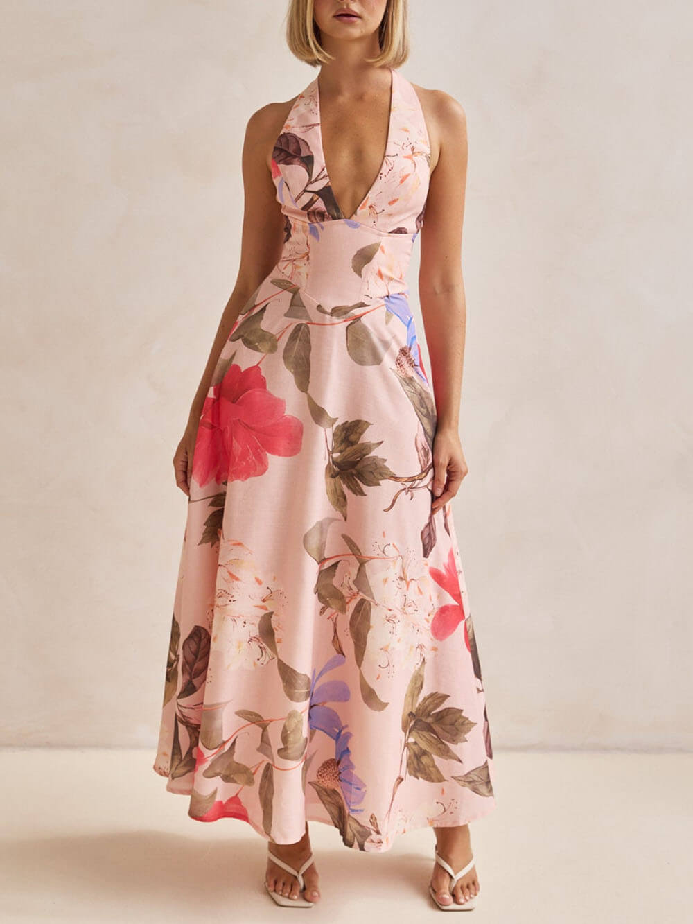 Retro Terez Linen Floral Print Halter Backless Tie-Up Maxi Dress Pink