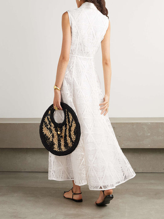 Exquisite Guipure Raised Floral Lace Maxi Shirt Dress