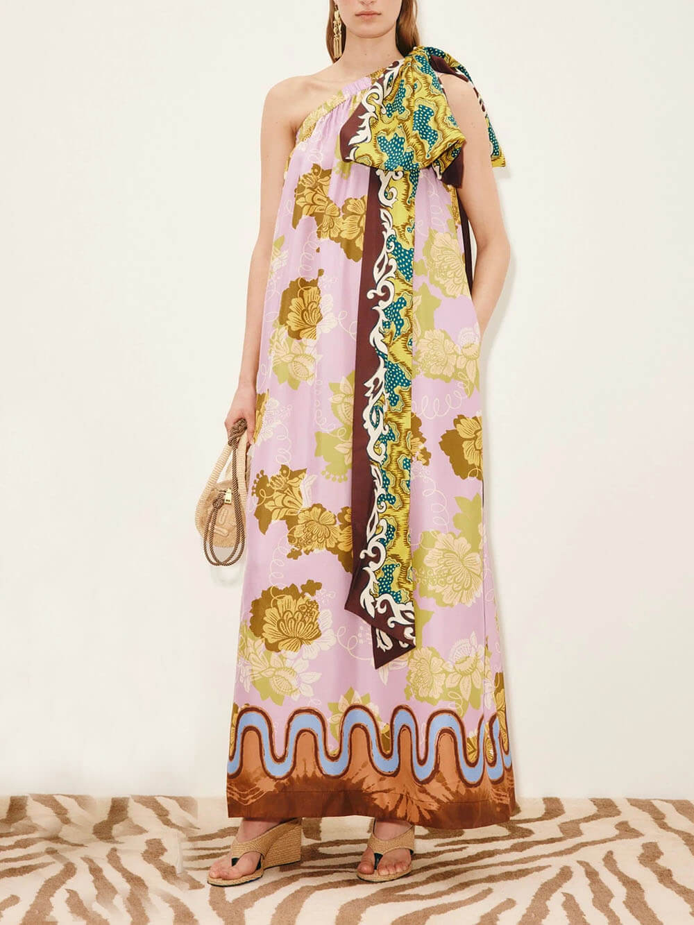 Modern One-Shoulder Printed Satin Bow Maxi Dress Pink