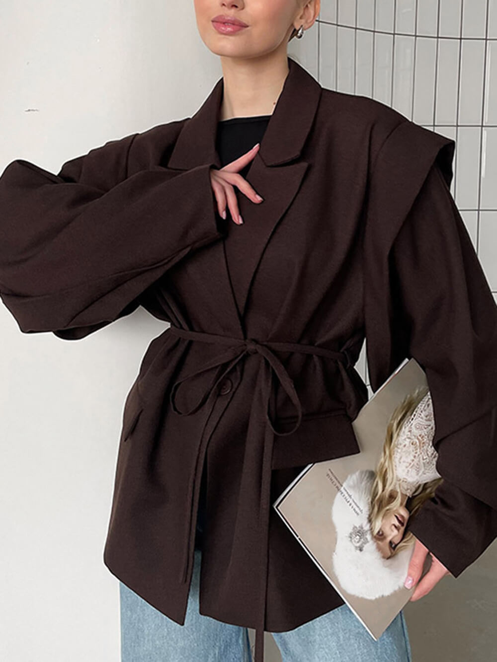 Fashion Collared Belted Loose Blazer Coffee