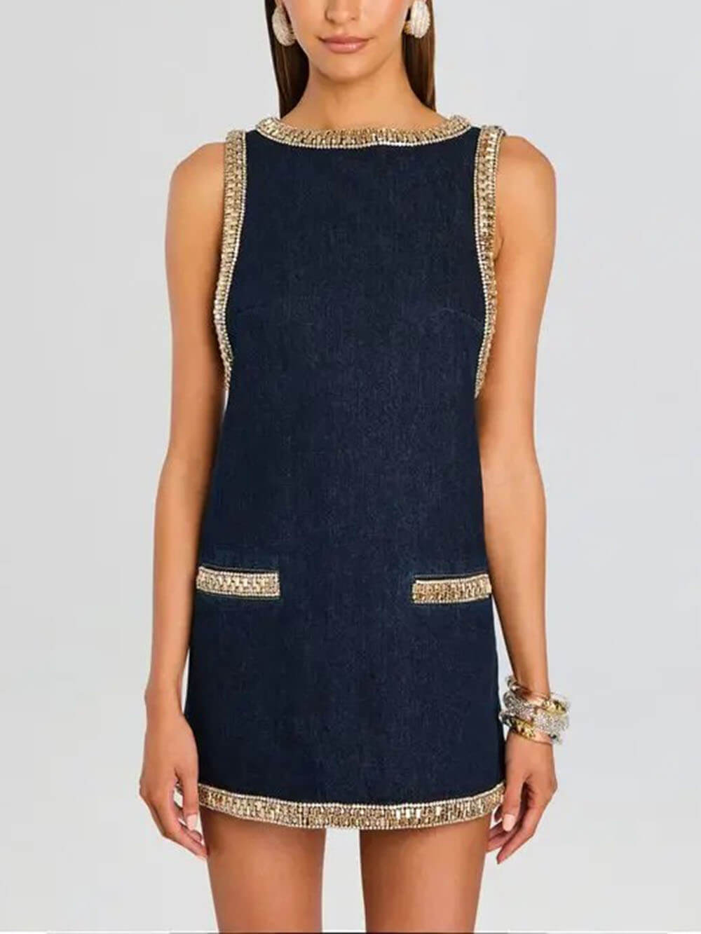Fashion Sequin Embellished Denim Mini Dress Blue