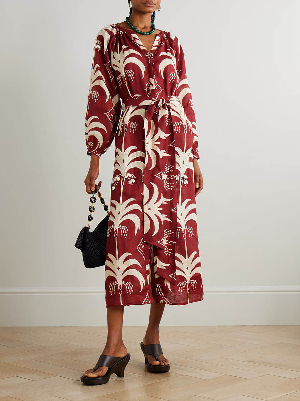 Retro Print Linen Tie-Waist Midi Dress Red