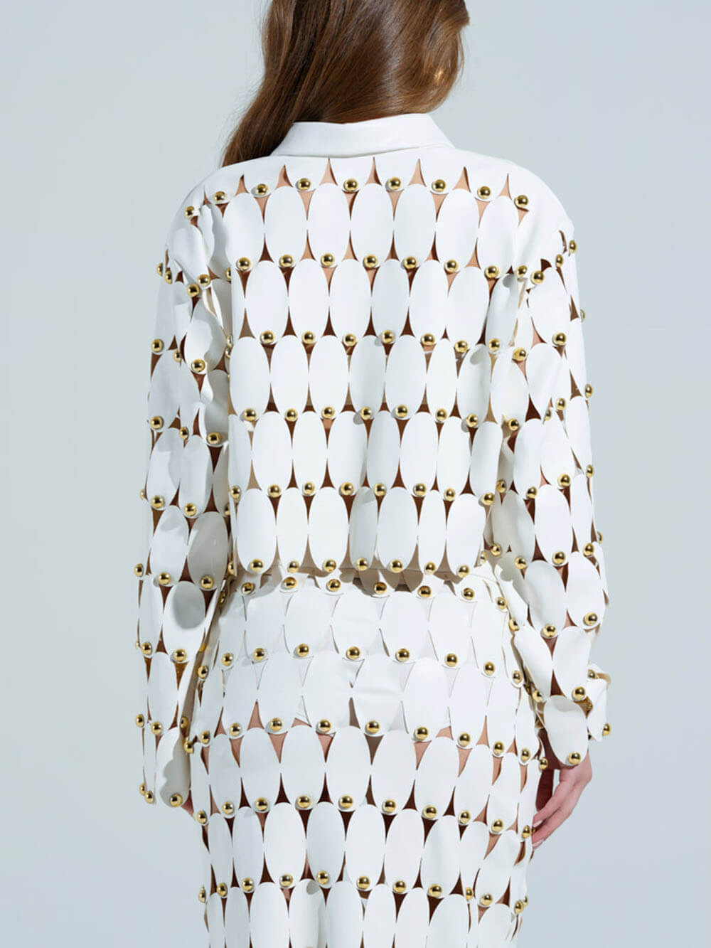 Exquisite Cut-Out Studded PU Cropped Cardigan Top And Maxi Skirt Set