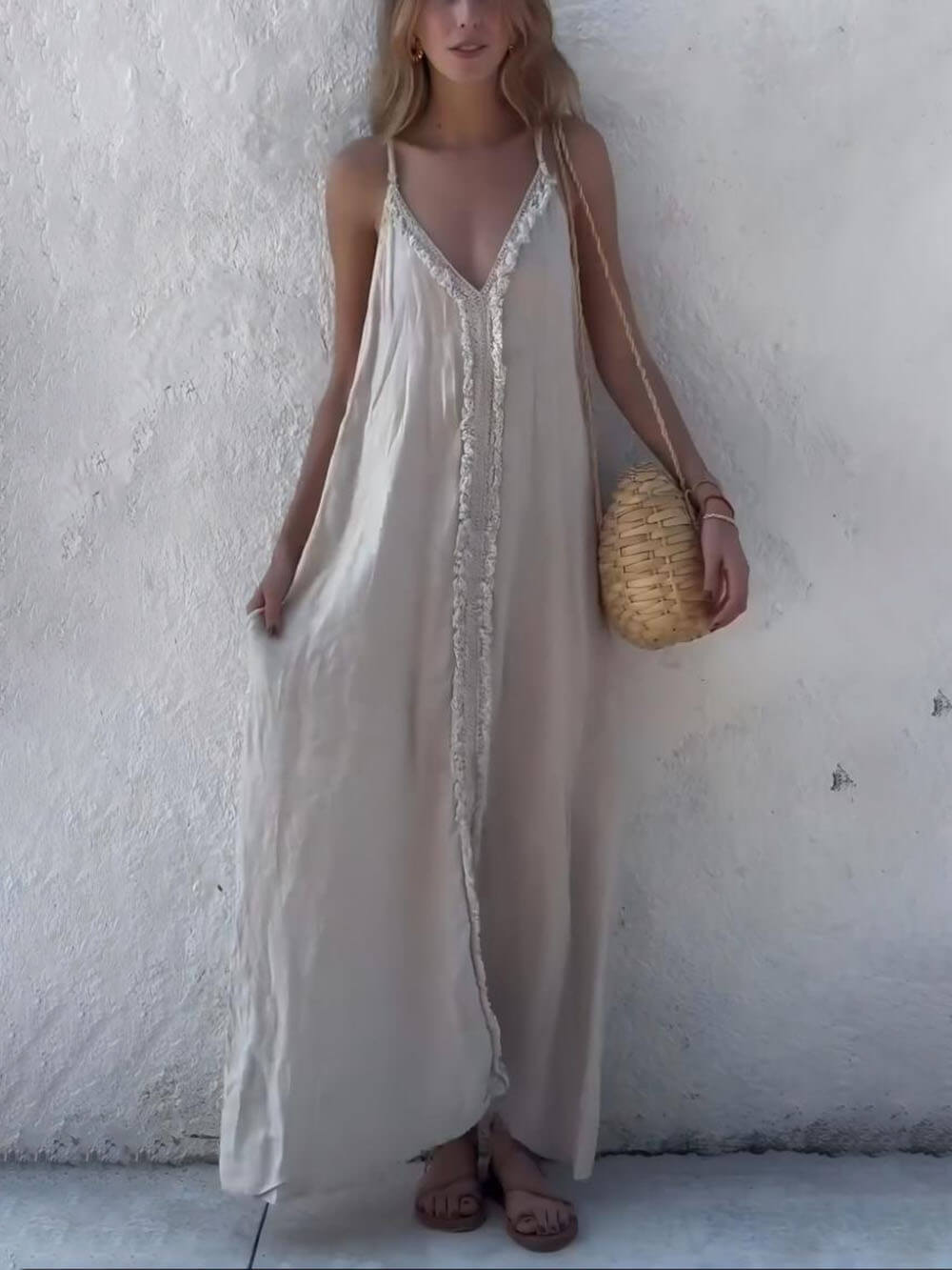 Modern Unique Lace Decoration V-Neck Suspender Maxi Dress Off-White