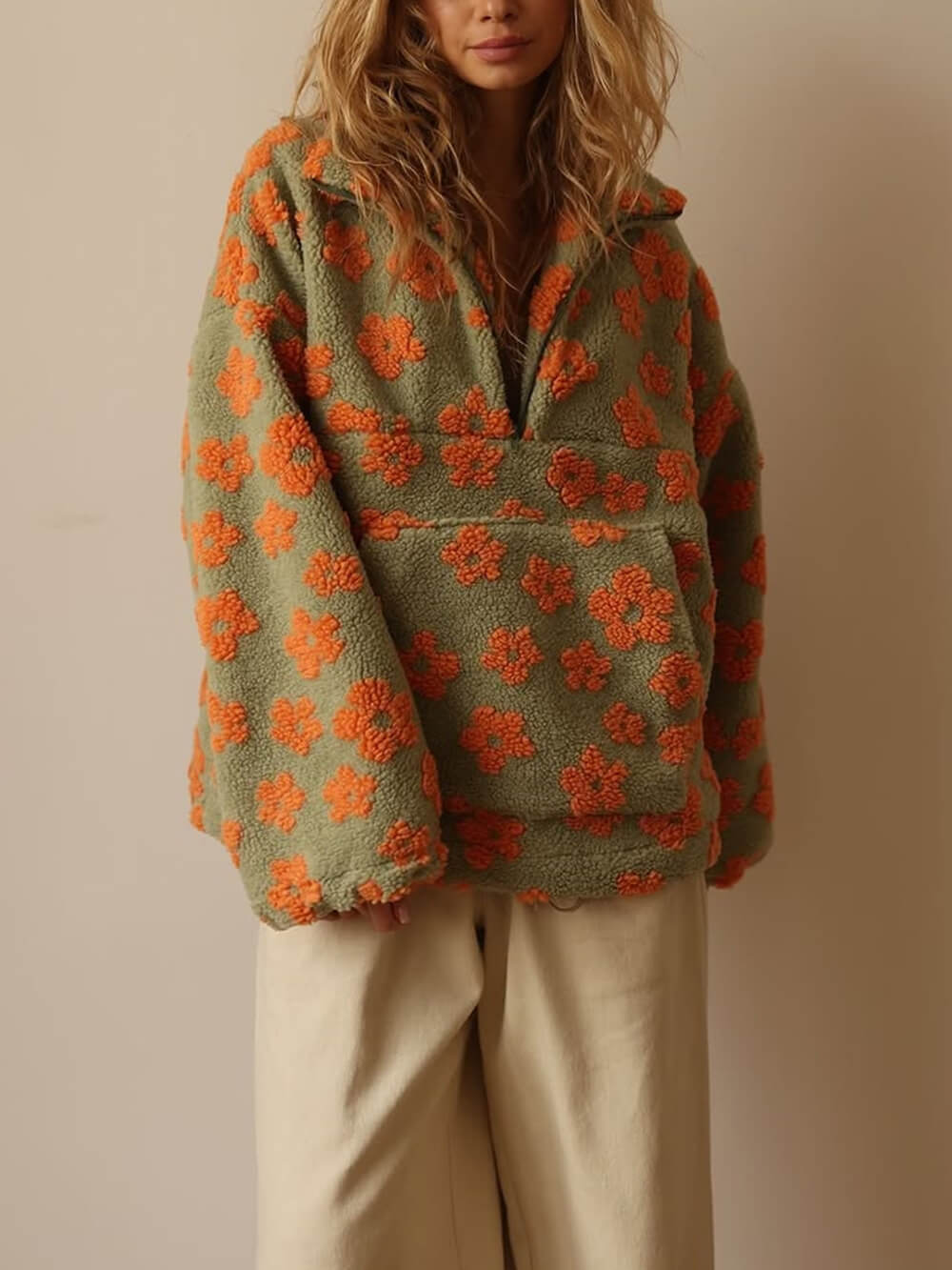 Fashion Printed Faux Shearling Zip-Up Sweatshirt Orange