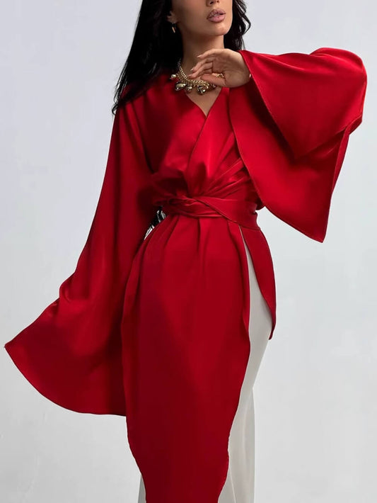 Elegant Satin Red & White Color-Block Bell Sleeve Gown Maxi Dress
