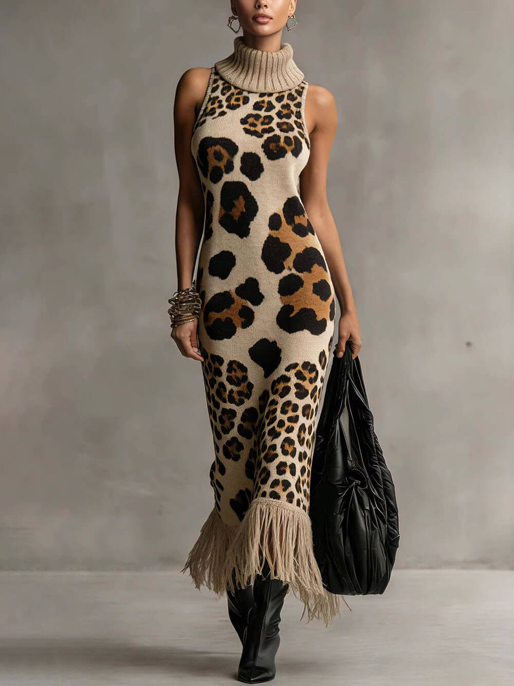 Leopard Print Turtleneck Sleeveless Fringe Bodycon Knit Maxi Dress Multicolor