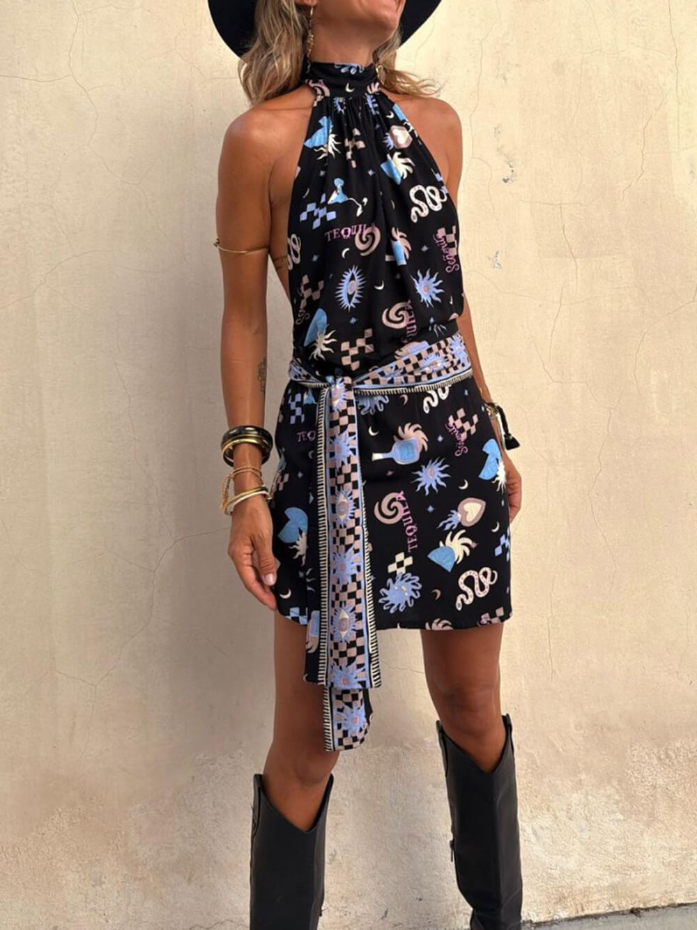 Casual Sexy Printed Halter Backless Belted Mini Dress Black