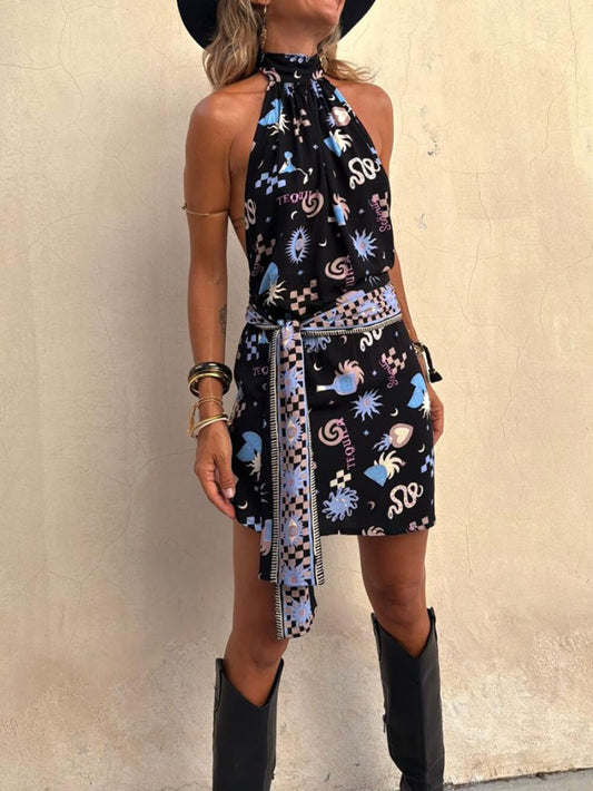 Casual Sexy Printed Halter Backless Belted Mini Dress Black