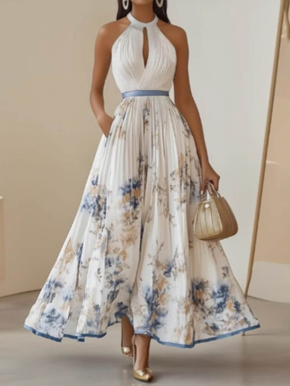 Elegant Digital Print Pleated V-Neck Sleeveless Maxi Dress White